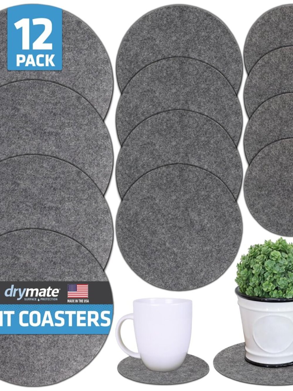 12-Pack Plant Coasters 6 Inch, 8 Inch, 10 Inch, 4 of Each, Absorbent Fabric Mats
